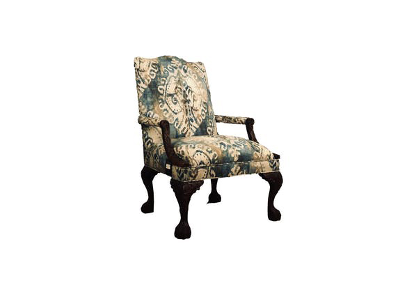Carved Arm Chair Blue Fabric